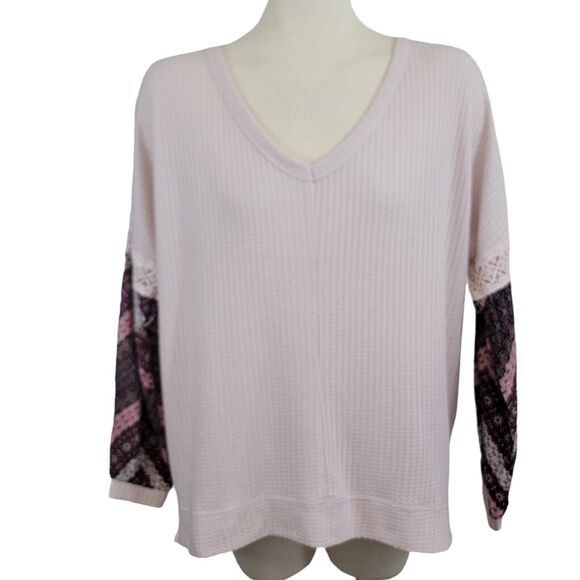 Maurices Top Womans Large Pale Pink Waffle Thermal Knit Long Sleeve Pullover - Picture 1 of 7
